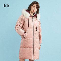 艾格ES2018冬季新款女连帽纯色罗纹收口中长款羽绒服8E033507605