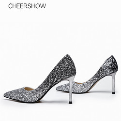 CHEERSHOW CSD1901-D80 女士银色尖头水晶亮片高跟鞋