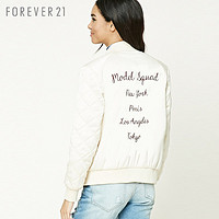 Forever21 秋冬女装外套时尚休闲背后字母刺绣短款飞行员夹克外套