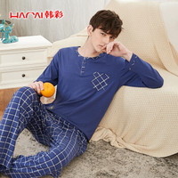 韩彩(HACAI)睡衣男春秋长袖莫代尔棉格子男家居服套装 兰色 180/105(XXL)