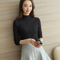 朗悦女装针织衫女套头短款高领修身长袖打底衫毛衣LWYC178720黑色M