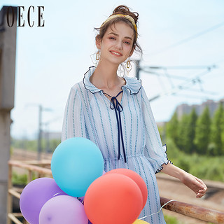 OECE 女清新蓝抢镜减龄花边系带条纹雪纺连衣裙 182FS485 (蓝色、M)
