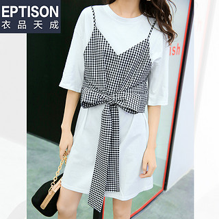 EPTISON 衣品天成 2019夏季女两件套短袖宽松吊带连衣裙套装8WQ305白色 M (白色、M)