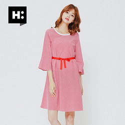 H:CONNECT夏季新款连衣裙糖果色网格休闲宽松喇叭袖连衣裙