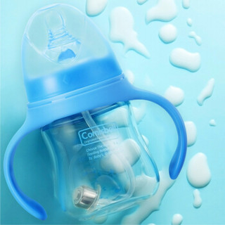 科斯贝尔 comisbell 宽口径玻璃奶瓶带手柄吸管防摔硅胶套圆弧形 150ml（蓝色）