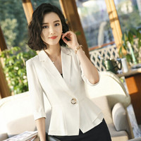 初申 小西装套装女韩版修身职业装女士套装中袖薄款西服外套OL气质显瘦短裙SWXF183173-1白色西装XL