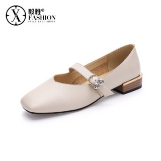 毅雅（yiya）时尚水钻奶奶一字带粗跟低跟复古小方头浅口玛丽珍女单鞋 白色 36