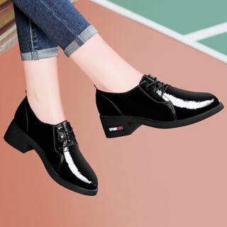 莱卡金顿 LAIKAJINDUN 韩版圆头系带低帮复古粗跟单鞋6561 黑色 38