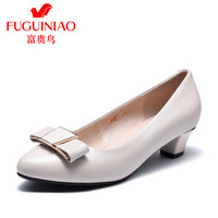 富贵鸟（FUGUINIAO）女单鞋粗跟蝴蝶结时尚百搭软皮套脚F99Y032C 米白 35