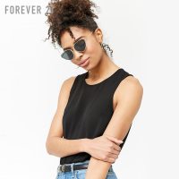 Forever 21 夏装纯色圆领开叉无袖雪纺衫女