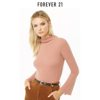 Forever21 上衣女复古小高领设计经典纯色罗纹长袖喇叭袖针织衫