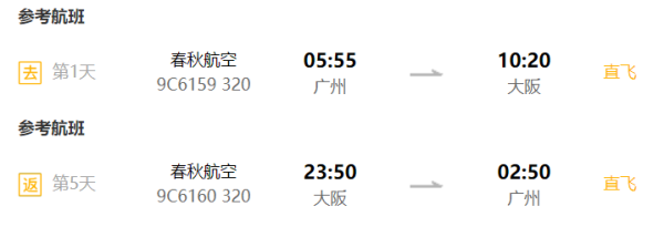 全国7城-大阪5天往返含税 赠购物券