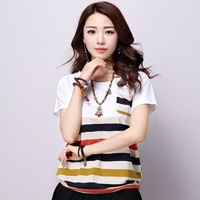 简芷（JIANZHI）夏季显瘦百搭韩版气质文艺圆领条纹T恤女短袖 X907 黄色条纹 M