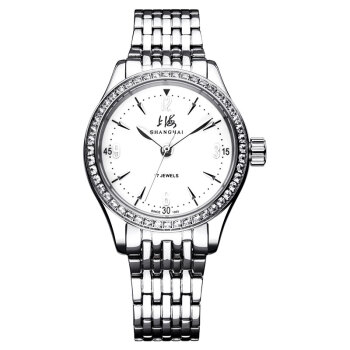 上海(SHANGHAI)手表 时尚潮流系列镀金镶钻手动机械女表 668-5 28mm 白色 银色 精钢