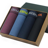 Langsha 浪莎 男内裤 4条礼盒装男士粘纤平角裤印花U凸囊袋男短裤 DD-38 185/XXXL (蓝色、XXXL、平角裤、竹纤维)