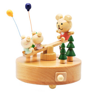 忆音园 创意礼品 玩具八音盒 榉木原木纯手工音乐盒 小熊跷跷板 天空之城