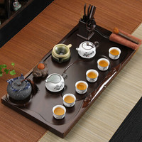 金镶玉 镶玉 功夫茶具套装 檀木实木茶盘陶瓷茶具茶壶茶杯整套 财源滚滚雪花釉荷韵