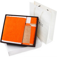 三利 纯棉臻品拼色方巾+毛巾+浴巾礼品礼盒3件套 赠手提袋 橙色