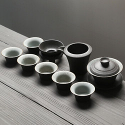 苏氏陶瓷（SUSHI CERAMICS）整套茶具粗陶黑炭沙功夫茶杯子茶具套装带礼盒（三才盖碗） *2件