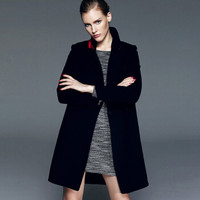 瑞比卡(Marc Rebecca)撞色拼接羊毛呢大衣外套中长款修身外套女 45506B 黑色 XXL