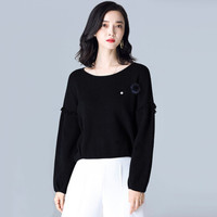 朗悦女装 2019春季新款纯色简约针织衫宽松套头毛衣女长袖上衣 LWYC179210 黑色 M
