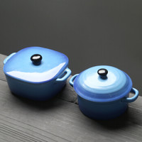 苏氏陶瓷 创意双耳带盖燕窝补品汤盅炖罐汤煲蒸蛋盅陶瓷甜品汤锅汤碗一方一圆2个装(深蓝)