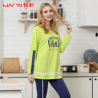 韩彩(HACAI)睡衣女士字母印花莫代尔圆领秋冬家居服 苹果绿 175/100(XXL)