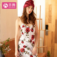 芬腾 真丝睡衣女春夏碎花吊带睡裙家居服女J8910590 白底花 L