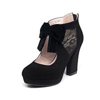 Universe 浓情漫宇 浅口高跟鞋女士圆头防水台粗跟蝴蝶结磨砂羊皮单鞋子 E076黑色34