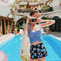 亦美珊 YI MEI SHAN泳衣女保守分体两件套韩国温泉小香风遮肚显瘦小胸聚拢游泳衣 YMS188508 蓝白条纹 L