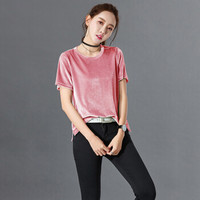 LAXJOY 朗悦  夏季新款韩版宽松金丝绒短袖T恤简约圆领套头上衣 LWTD182301 粉色 M