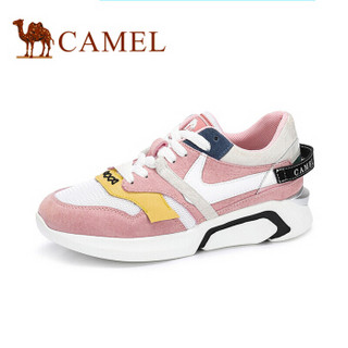 CAMEL 骆驼 女鞋 撞色拼接舒适系带运动鞋 A81525601 粉/白/黄/米白 39