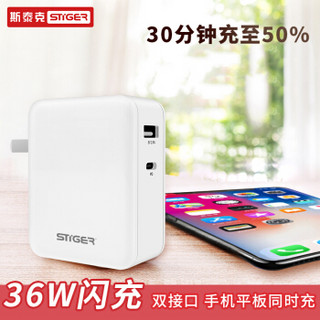 斯泰克 苹果PD快充器36W Type-C快充头 USB+Type-C双口充电头 iPhoneX/XS/XS Max/XR/8plus/ipad电源适配器