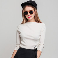 intercrew针织衫女2019春季新款一字领时尚简约纯色修身女款七分袖弹力打底衫针织衫 ICS1DR32A 白色 85/S