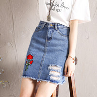 JIANZHI 简芷 春季新款韩版洋气绣花百搭牛仔A字半身短裙女 JXNZ9011 蓝色 S