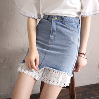 JIANZHI 简芷 春季新款韩版牛仔蕾丝拼百搭A字半身短裙女 JXNZ9036 蓝色 M