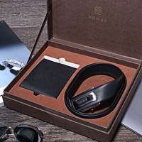 红谷HONGU时尚男士商务牛皮钱包牛皮腰带横款钱夹礼盒套装 H7090958漆黑
