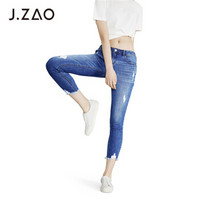 J.ZAO 女士破洞九分牛仔裤 牛仔裤女 蓝 30