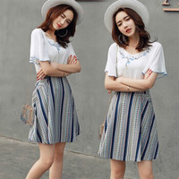 AUDDE 2019春夏季新款女装新品女T恤+半身裙气质时尚圆领短袖喇叭袖潮流优雅套装 XYR1742607 图片色 M