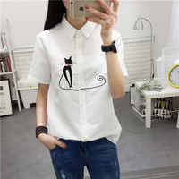 JOY OF JOY 2019年夏装新款韩版休闲时尚方领印花图案短袖衬衫女简约刺绣衬衫 JWCD183842 猫咪 M