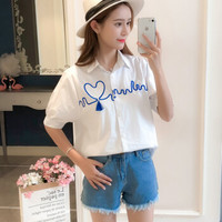 朗悦女装 短袖白衬衫女2019夏季新款韩版学生衬衣翻领上衣 LWCD184214 蓝色 S