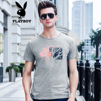 花花公子（PLAYBOY）T恤  男士圆领印花短袖t恤夏季时尚男装打底衫 灰色 XL