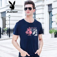 花花公子（PLAYBOY）T恤  男士圆领印花短袖t恤夏季时尚男装打底衫 宝蓝色 M