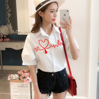 朗悦女装 短袖白衬衫女2019夏季新款韩版学生衬衣翻领上衣 LWCD184214 红色 L
