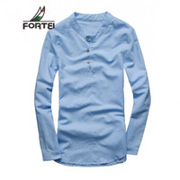 富铤（FORTEI）衬衫男士商务休闲棉麻衬衫长袖T恤 202 浅蓝 S