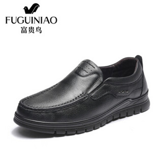 Fuguiniao 富贵鸟 男鞋头层牛皮男士套脚休闲皮鞋男低帮鞋子 S893333  黑色  42