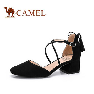 CAMEL 骆驼 时尚系列 女鞋 优雅流苏圆头浅口粗跟单鞋 A81072609 黑色 39