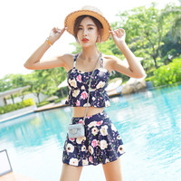 海波特(SEA'BBOT)泳衣女保守分体裙式游泳衣遮肚显瘦小胸聚拢学生少女温泉泳装 兰花 XL