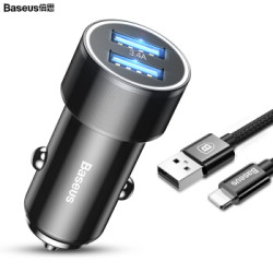 倍思(Baseus)车载充电器车载点烟器车充汽车充电器 3.4A双U数据线 通用氛围灯Lightning车充套装 黑色