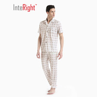 INTERIGHT家居服男 男士棉质印花凉爽短袖家居服套装 米白底咖啡字母印花B XL